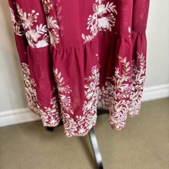 Cariar Vintage Women's Large Burgundy Floral Dress Embroidered Lace Puff Sleeve - Picture 8 of 16